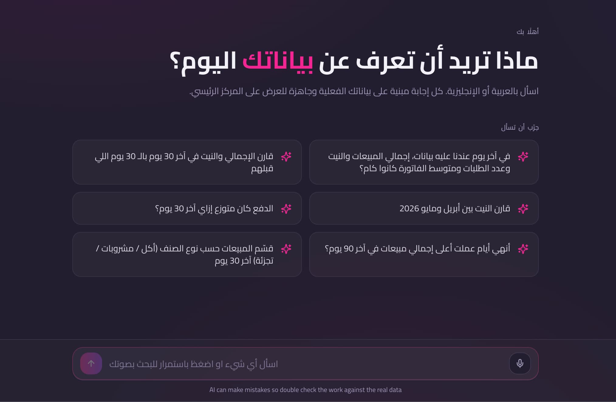 الرقم، والاستعلام اللي اتنفذ، ورسم بياني لو فيه حاجة تترسم — مع بعض في إجابة واحدة.
